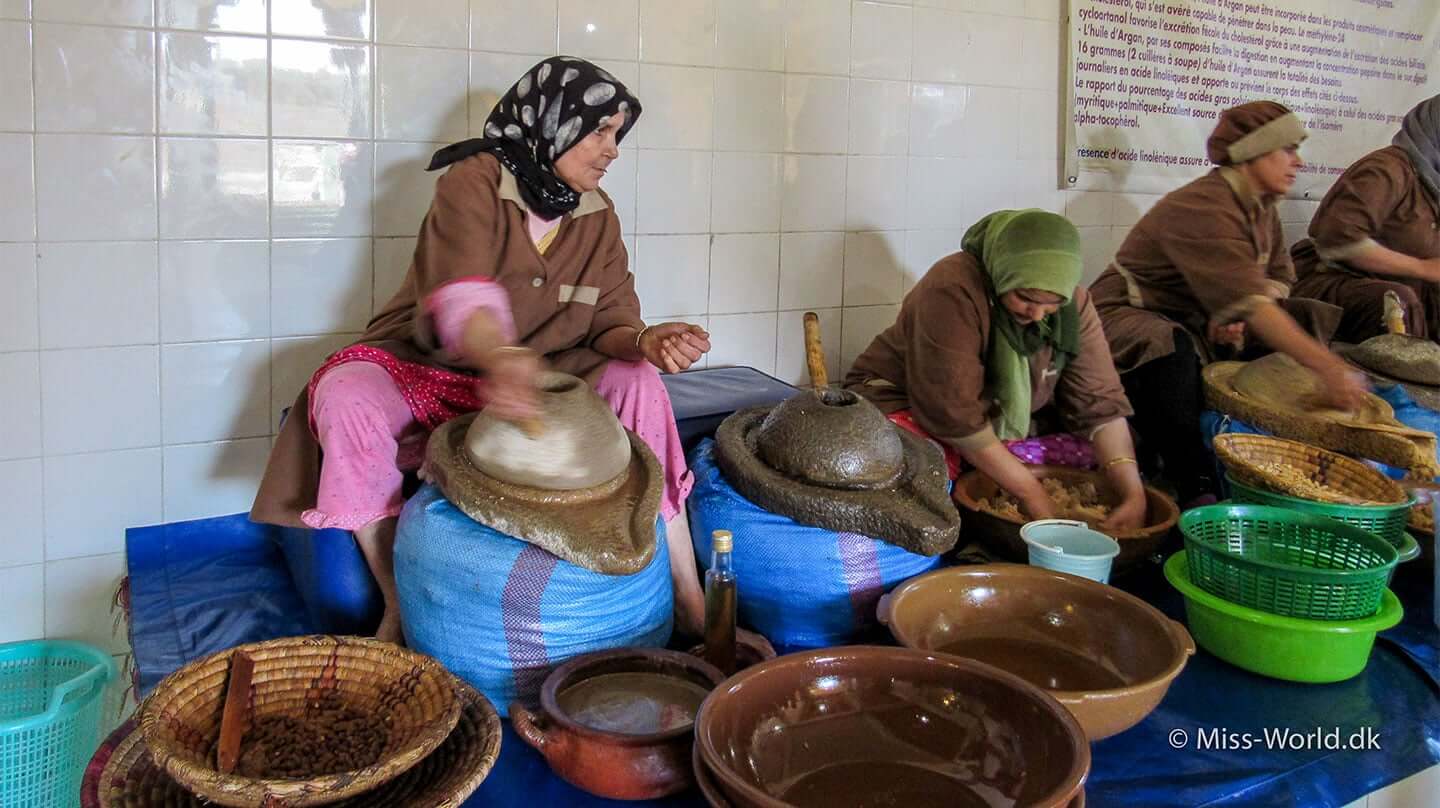 Kvinde-kooperativ i Marokko, demonstrerer hvordan man fremstiller argan olie